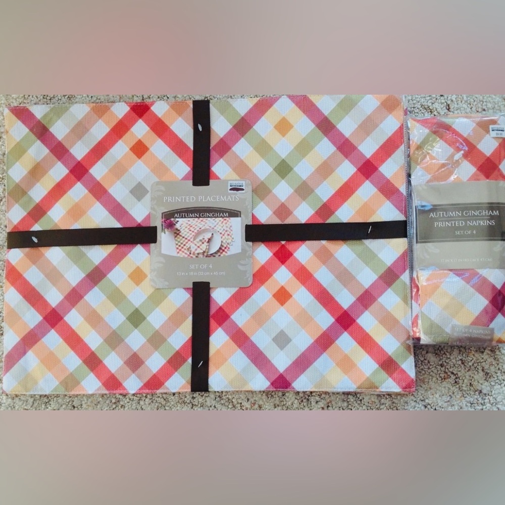 Damask Placemat & Cloth Napkins 13" X 18" Autumn Gingham New in Pkg Set Of 4
